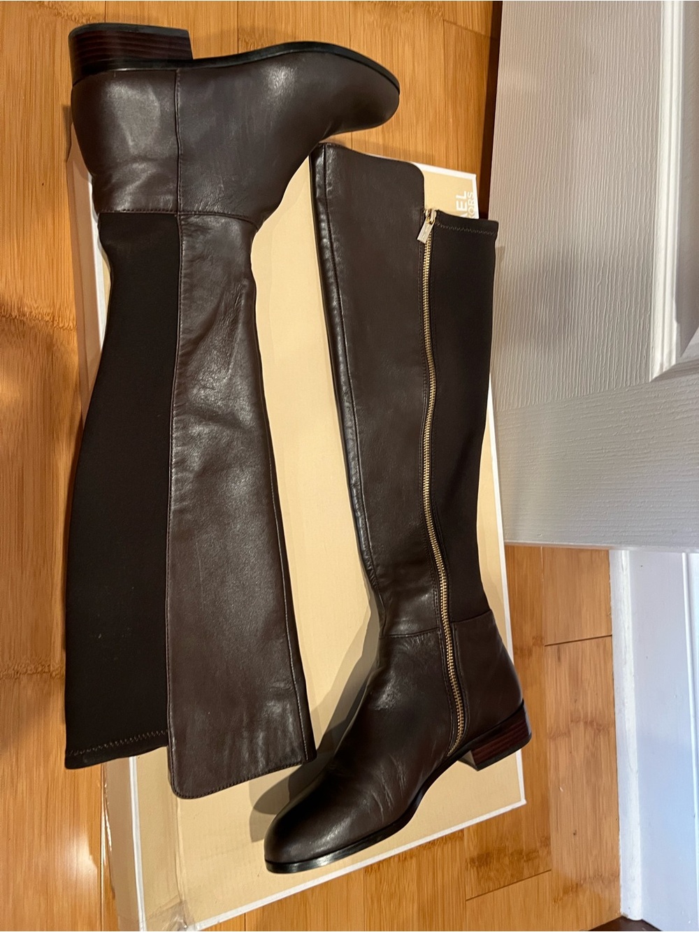 Michael Kors Dark Brown Leather Over-the-Knee Boots with Gold Zip